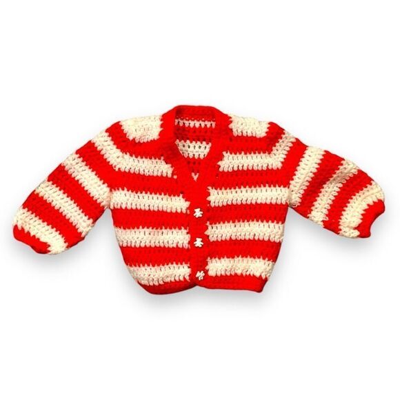 Hand-Crocheted Red White Striped Infant Cardigan Sweater Teddy Bear Buttons - Picture 6 of 6